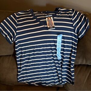 GAP Navy Blue and White Striped V-Neck Tee women’s large